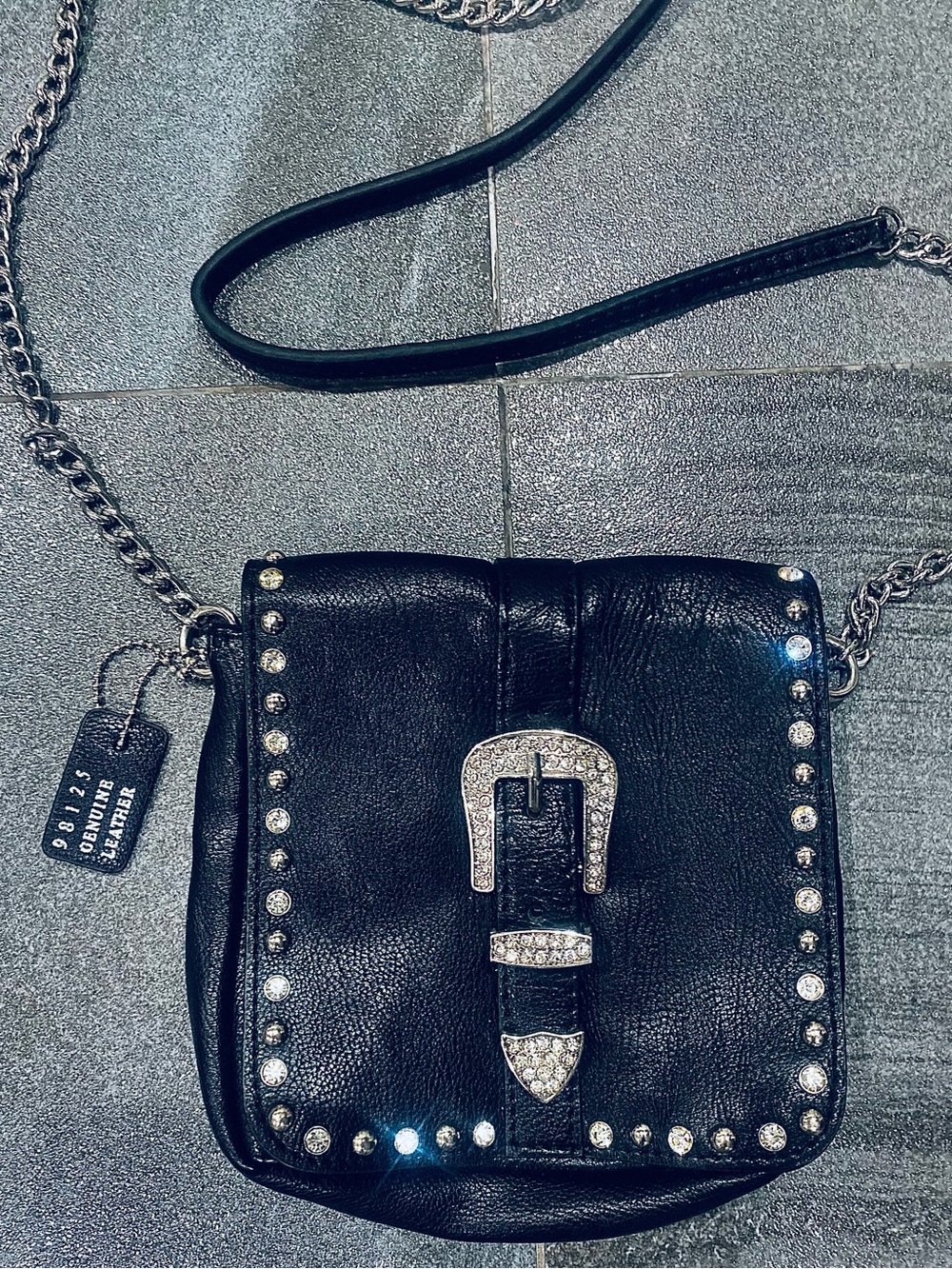 Black Studded Leather Crossbody Bag with Crystal Buckle